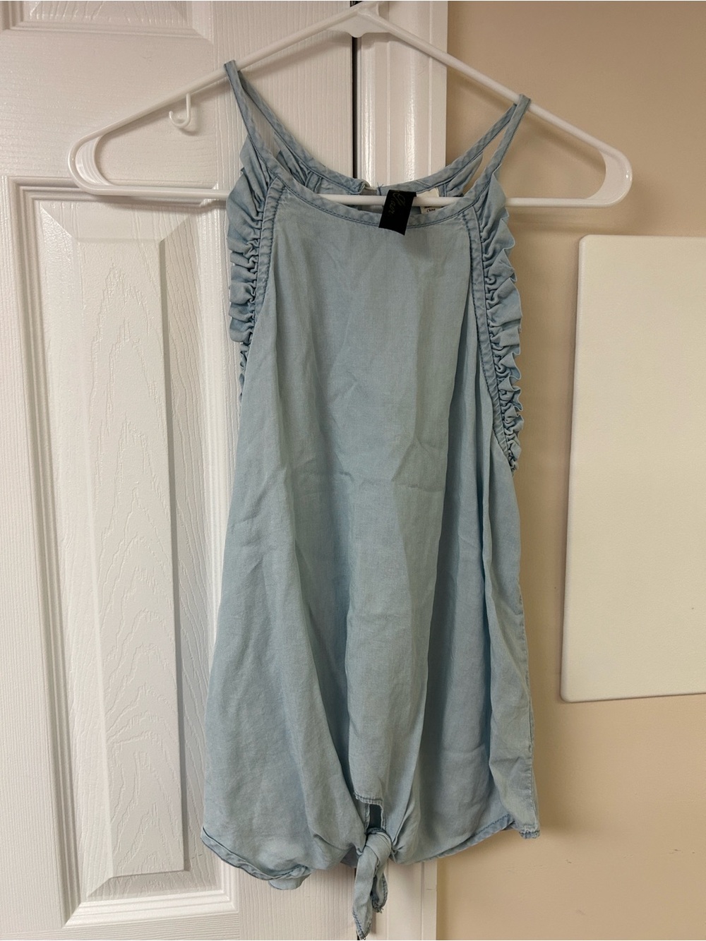 Francesca’s Blue Rain Chambray Ruffle Tank Top Front Tie